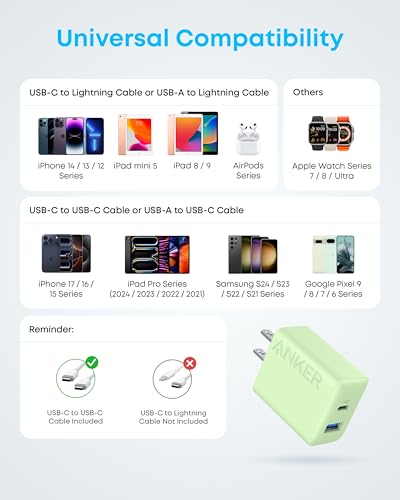 Image of Anker iPhone 17 /16 Charger, 2-Pack 20W Fast USB C Charger Block, for iPhone 17 /16 /16 Pro Max /15 Series /iPad Pro and More (Green, 2 Pack & 2 Cable)