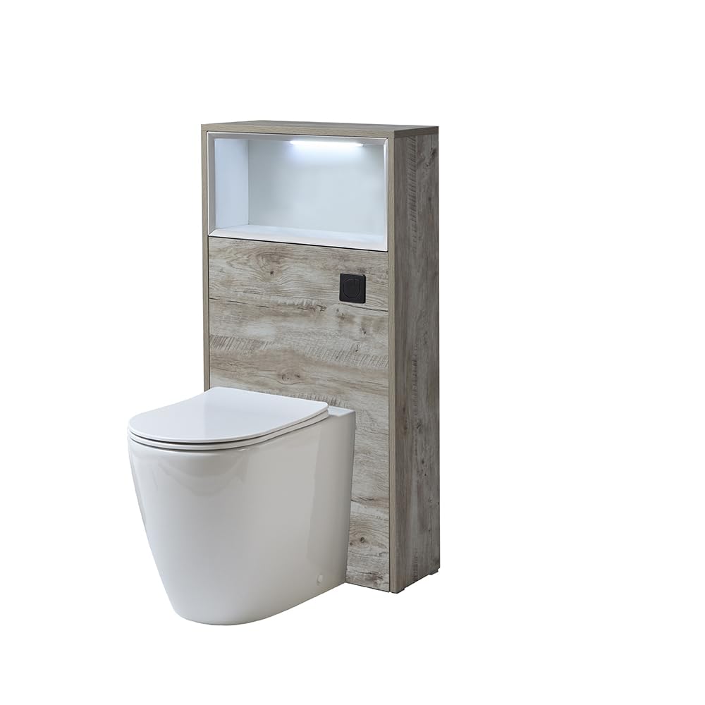 Milano Light Oak Unit / Black Flush Bexley 600Mm Light Oak Bathroom Wc Unit Led Lit Shelf Toilet
