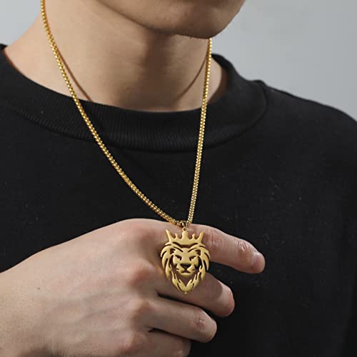Dreamtimes Lion With King Crown Necklaces for Men Punk Animal Stainless Steel Pendant Necklace Men's Chain Fashion Jewelry Gothic Punk Rock Mens Pendant Necklace3