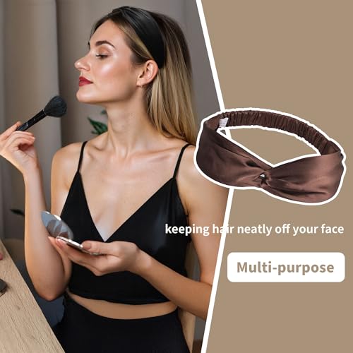 Image of ZLYC Mulberry Silk Headband for Women's Hair Elastic Hairband, Solid Coffee | smooth luxury real silk, stretch elastic no slip fit, makeup spa skincare use, travel daily wear,boho fashion hair accessory