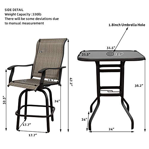 3PCS Patio Furniture Swivel Bar Set,Outdoor Furniture Patio Chairs Set,All-Weather Outdoor Patio Furniture 360 Degree Swivel Chair and Patio Table Suitable for Patio,Bar Set,Garden(2 Stools&1 Table) - Thumbnail 6