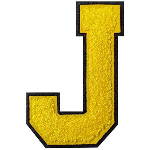 2Pcs Chenille Letter, 2.5" Iron on Letters Patches, Chenille Stitch Varsity Letter Patches for Clothing (Yellow/Black 2-1/2, J)