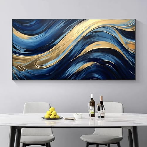 Art mural abstrait bleu et or géométrique pour salon