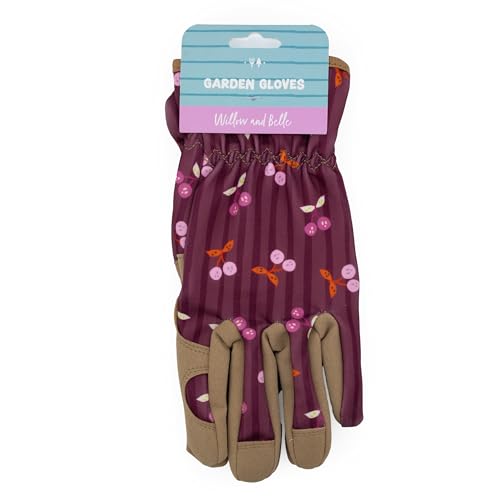 Women's Gardening Gloves - Cherries Design - One Size - Padded with Elastic Cuffs, Burgundy - Image 2