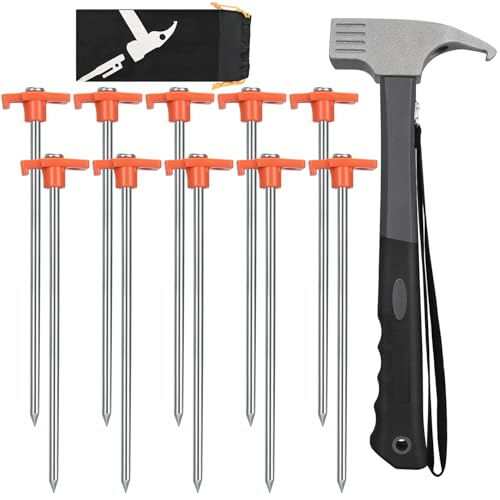 10 Pack 10in Heavy Duty Tent Stakes and Hammer Set, with Storage Pouch, for Outdoor Camping Tent, Tarp, Canopy, Picnic, Shade