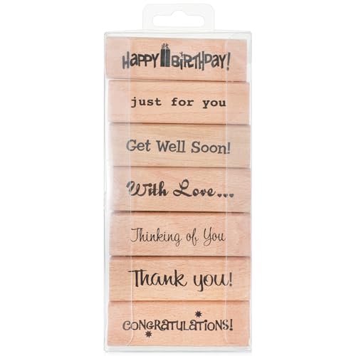 Wood Rubber Stamp Set 7 Pcs Happy Birthday Thank You with Love Merry Christmas Handmade Sentiments Vintage Floral Butterfly Designs for DIY Card Making Scrapbooking Gift Wrapping