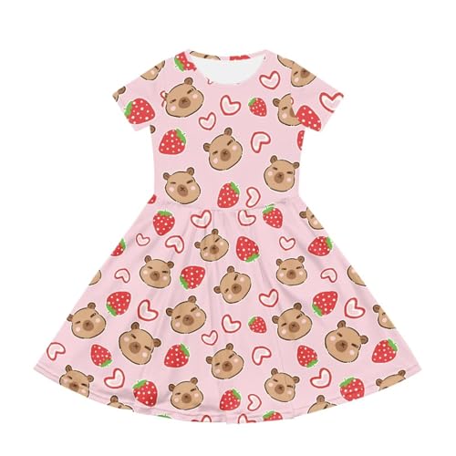 Image of Girls Dress with Pockets Basic Short Sleeve High Waist Swing Skater Dress School Party Dress for Kids