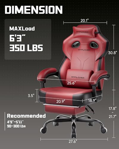 Image of GTPLAYER Big & Tall Gaming Chair, 90-155 Adjustable Reclining Office Seat with Footrest, Ergonomic Comfy Computer Desk Chair for Adults, Home Office Gaming Study Use, Wine Red (Leather)