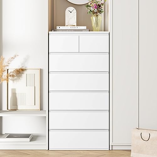 FOTOSOK 7 Drawer Dresser, White Dresser Tall Dresser, 23.6W x 15.7D x 46.7H in White Chest of Drawers with Large Storage Space for Home