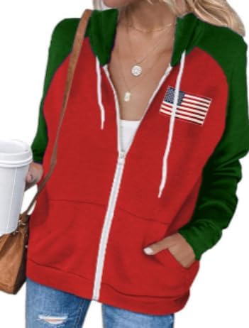 Ezbelle Zip Up Hoodie Women's American Flag Graphic Hoodies Casual Long Sleeve USA Shirt Color Block with Pockets