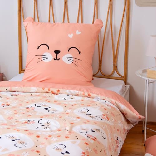 Housse de couette 140x200 enfant chat rose en microfibre avec taie d'oreiller
