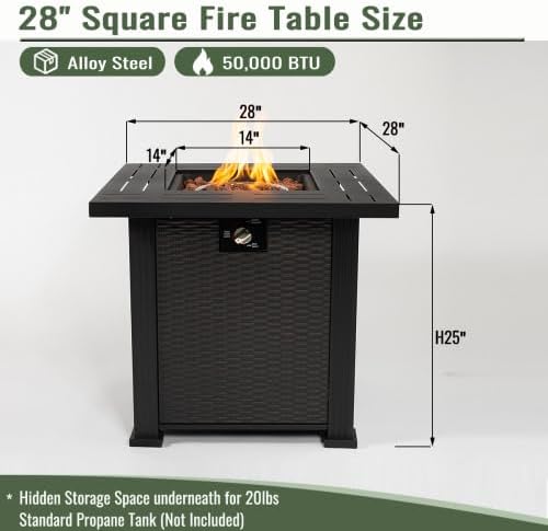 28" Propane Gas Fire Pit Table, 50000 BTU Square Steel Fire Pit for Outside Patio Deck Garden Backyard-Black