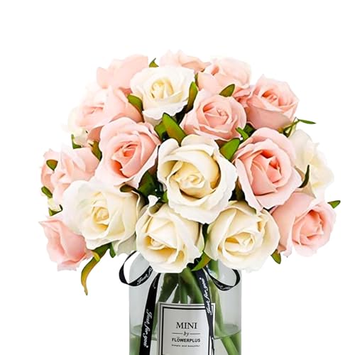 Roses Artificial Flowers 12 pcs Champagne & Light Pink Roses Fake Flower Realistic Flower Arrangements Bridal Wedding Bouquet Decorative Faux Floral for Home Party Office Hotel Table Kitchen Decor