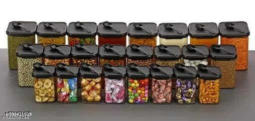 Image of AIR Tight Container, Kitchen Storage Container, Food, Plastic, Fridge,Grocery-with Spoon - 350ml, 650ml, 900ml (Black - 24)