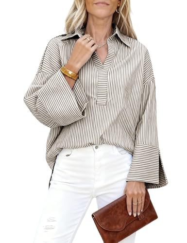 Watashi Women Button Down Shirt Casual Striped Print Dress Shirts Oversize Long Sleeve Collared Office Work Blouses Tops(Khaki-L)