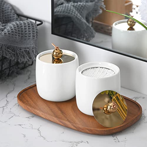 2 Pack Ceramic Qtip Holder Dispenser with Gold Lids, White Apothecary Jars Bathroom Vanity Organizer for Home Decor - Bathroom Canister for Cotton Swabs, Rounds, Balls, Makeup Sponges, Bath Salts by Satu Brown - Used condition - Image 2
