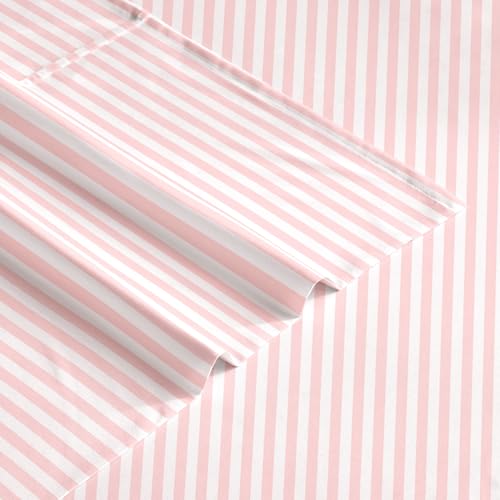 Image of Wake In Cloud - Striped Bed Sheets, 4-Piece Sheet Set, Ticking Vertical Pin Stripe Modern Farmhouse Pattern Printed Bedding, Deep Pocket, Pink White, Queen Size