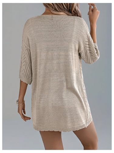 OYOANGLE Women\'s Short Sleeve Crochet Cardigan Sweater Lightweight Open Front Boho Kimono Outerwear Khaki Medium