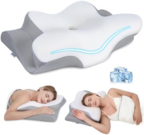 Cervical Neck Pillow, Memory Foam Pillows for Relieving Neck and Shoulder Pain, Neck Support Pillow for Side Sleepers, 2 Heights Ergonomic Pillow with Breathable Ice Silk Cover White