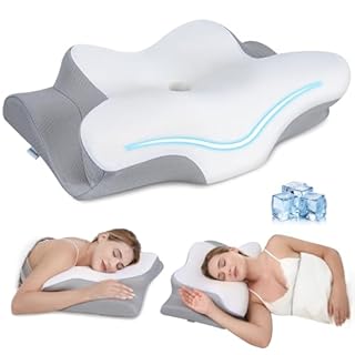 Cervical Neck Pillow, Memory Foam Pillows for Relieving Neck and Shoulder Pain, Neck Support Pillow for Side Sleepers, 2 Heights Ergonomic Pillow with Breathable Ice Silk Cover White