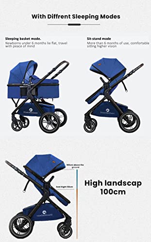 Image of StarAndDaisy EasyGo Travel Friendly Luxury Baby Stroller /pram /Buggy with high Landscape seat, one-Push Folding Convertible Bassinet Design (Blue with Black Tubes)