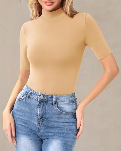 Image of MANGOPOP Women's Mock Turtle Neck Slim Fit 3 /4 Sleeve T-Shirt
