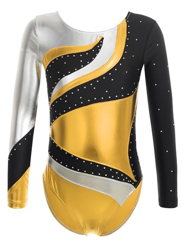Freebily Maillot de Patinaje Artístico para Niña Leotardo de Manga Larga Mono Brillante de Gimnasia Rítmica Deportivo Body Ballet Clásico Disfraz de Baile T Dorado 7-8 años
