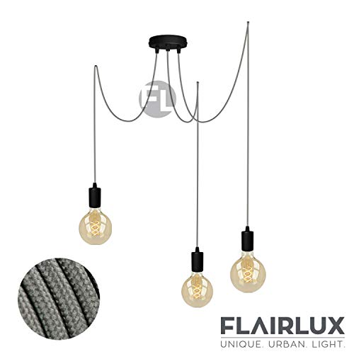 Preisvergleich Produktbild Pendelleuchte schwarz metall 3 flammig DIY E27 mit Textilkabel höhenverstellbar Deckenleuchte Vintage Lampe Retro elegantes Design für Ihre Wohnung. (Grau, 3 x 3 Meter)