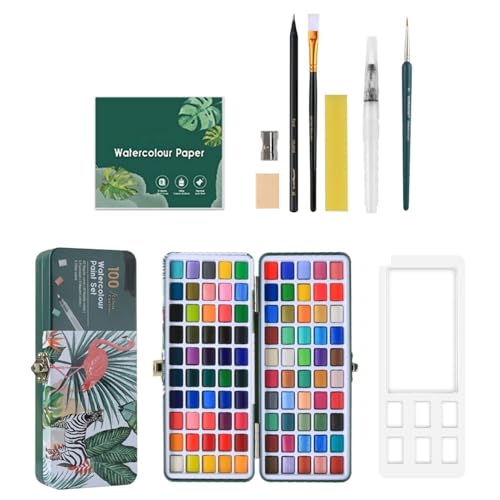 NOVOLAN Pearlescent Watercolor Paint Set 100 Colors Shimmering Solid Watercolor Pan Set for Painting Illustration & Nail Art Complete Kit with Palette Brushes Pencil Water Brush Paper & More