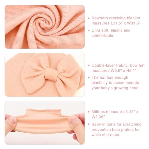 Image of AQOKKA Newborn Receiving Blanket with Bow Hat Mittens Wooden Card Set Newborns Toddler Baby Boy Girl Nursery Swaddle Wrap