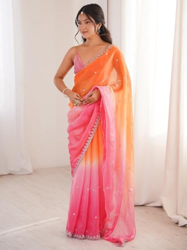 Image of AKHILAM Women's Shimmer Satin Sequence Embroidery Saree With Unstitched Blouse Piece(AARYAN21701 KR Parent)