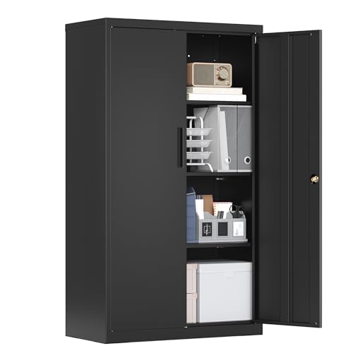 SONGMICS Caisson de Bureau, Meuble de Rangement, Verrouillable, avec 2 Portes, en Acier, 80 x 40 x 140 cm, 3 Étagères Réglables, Noir Mat OMC020BD01