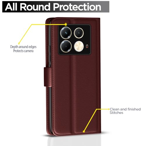 Image of Pikkme Flip Cover for Infinix Note 40 5G Leather Finish | Inside TPU with Card Pockets | Wallet Stand and Shock Proof | Complete Protection Button Flip Case(Brown)