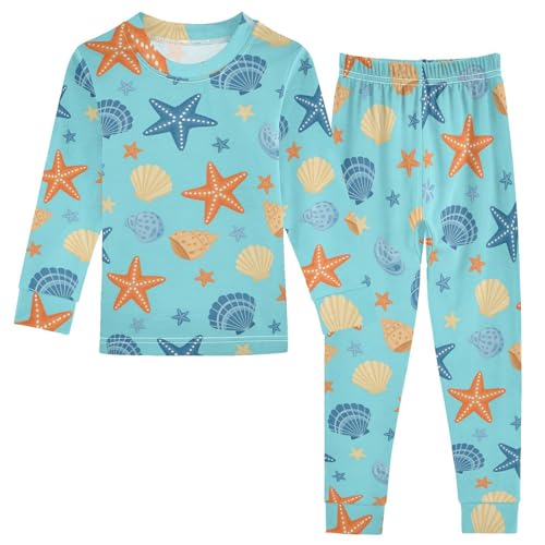 Pajama Sets Long Sleeve Seashell Starfish Pattern Print Soft Comfy Sleepwear 2 Piece PJS 3-8T