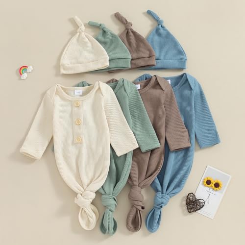 KMBANGI Newborn Baby Boys Girls Knotted Gown Hat Set Long Sleeve Button Infant Sleeper Baby Sleep Gown with Mittens (Auburn, 0-3 Months)