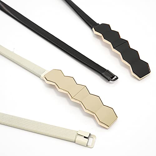 Glamorstar 2 Pieces Metal Stretch Elastic Waist Belt Skinny Thin Belt For Women Dress Set 1-Black Beige #TOP4