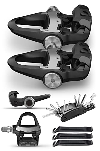 Garmin Rally RS200 Dual-Sensing Power Meter Bike Pedals Bundle with Compact Bike Tool for Repair - Shimano SPD-SL Cleats - Power, Cadence, Left/Right - 010-02388-02