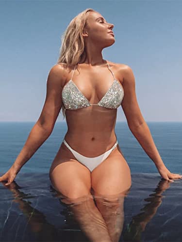 Yokawe Sparkly Crystal Bikini Set Swimsuit White Rhinestone Bra Panties Sets Clubwear Rave Party Beach Body Accessories Jewelry For Women And Girls (White) #TOP2