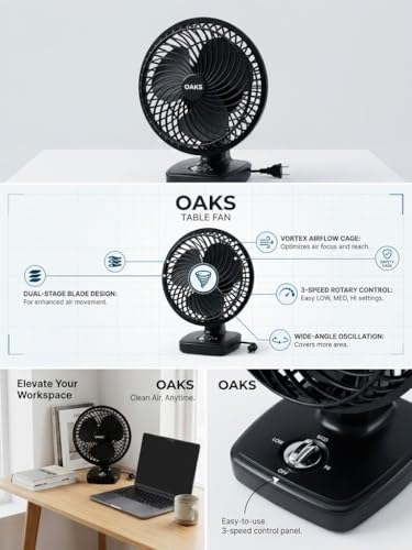 Image of OAKS 230 MM High Speed Table Fan For Home, Bedroom, Living Room With Powerful Motor and 3 Speed Setting (Black)