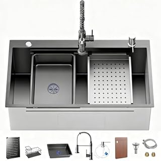 Stainless Steel Kitchen Sink with Faucet: 30-Inch Drop In Single Bowl Farmhouse Workstation Sink - Noise Reducing Design & Accessories Included (Black, 3018)