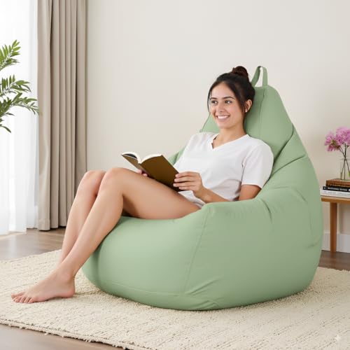 Image of 5XL Premium Leatherette Bean Bag with Rectangular Footrest & Cushion | High Density EPS Beans Filled | Teardrop Shape with Handle | 6 Months Warranty (Pastel Green, 5XL Single, Solid)