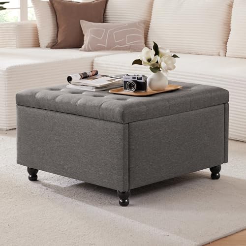 Weture 30 Inch Large Square Storage Ottoman Coffee Table, Oversized Square Ottoman with Storage, Tufted Upholstered Coffee Tables for Living Room (Fabric, Dark Grey)