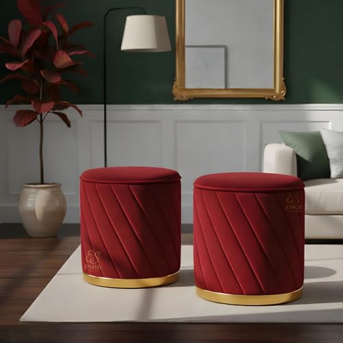 Image of ENIQE STORE Premium Velvet Ottoman Stool | Modern Round Pouffe with Gold Base | Multipurpose Seating | Living Room & Bedroom Decor (Maroon Set of 2)