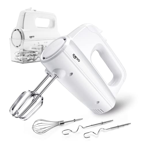 JEWJIO Pro 250W Electric Hand Mixer, 5-Speed + Turbo Handheld Mixer with 5 Stainless Steel Accessories, Storage Case & Eject Button - Lightweight for Baking, Cooking, Whipping Bright White
