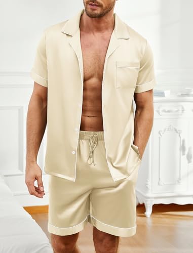 Vssjavun Mens Satin Silk Pajamas Sets Short Sleeve Button-Down Sleepwear Two Piece Loungewear with Pockets