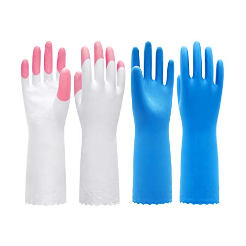 Pacific PPE 4 Pack Household Glove Mixed Package Reusable Cleaning Dishwashing Gloves-Latex Free Waterproof PVC Gloves for Kitchen,Gardening Gloves Unlined and Flocked with Cotton Liner(Pink&Blue,M)