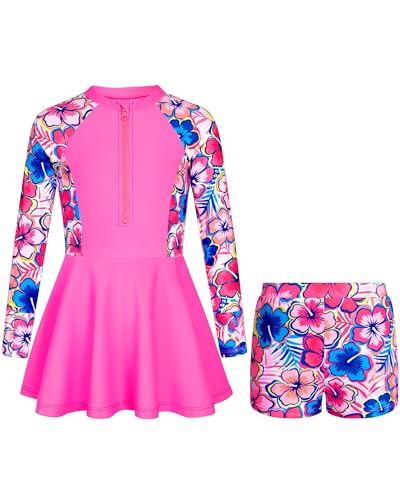 Image of HOZIY Girls Long Sleeve Swimsuit Two Piece Rash Guard Dress with Swim Shorts Front Zip for Kids Tween Teens UPF 50+