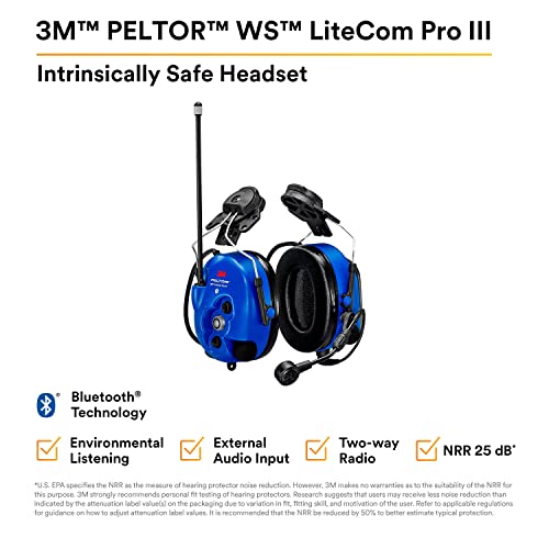 Image of 3M PELTOR WS LiteCom PRO III Headset, Intrinsically Safe, Hard Hat Attached, Professional Grade Durability, Wireless Two-Way Communication Radio, Bluetooth, Boom Microphone, Blue, MT73H7P3E4D10NA-50
