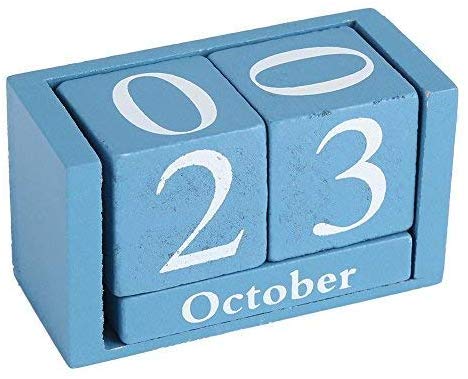 Fdit Vintage Holzkalender Desktop Zeitkonzept Rustikales Holz Ewiger Block Monat Datum Anzeige Home Office Dekoration (Blau)