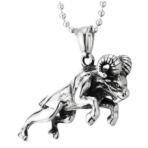 Pendentif animal zodiac aries 3D en acier inoxydable sculpté avec chaîne boule masculine